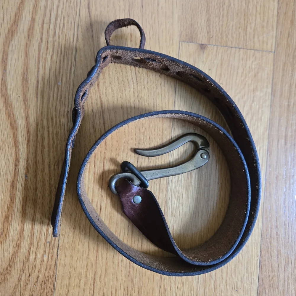 36in Vintage Brass Nautical Pelican Hook Darker Brown Leather Belt - Picture 7 of 16
